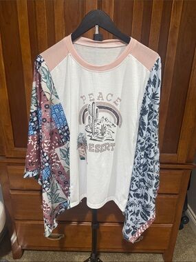 Women's Peace Desert Patchwork Raglan Long Sleeve Top - White with Pink Accents